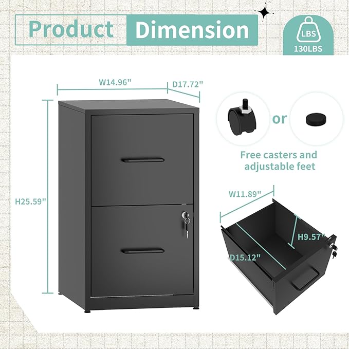 AQY 2 Drawer Filing Cabinet with Lock, Metal Black File Cabinet for Home Office, 18" Deep Vertical Storage Drawer for Hanging A4/Letter/Legal Size Files, Assembly Required