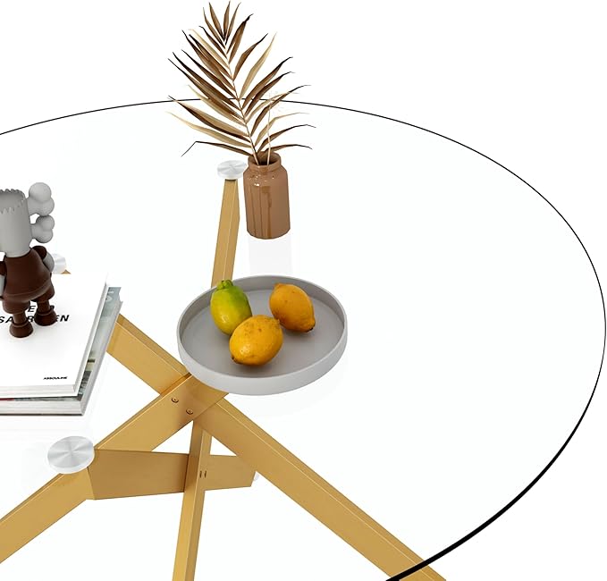 Goujxcy 5 Piece Round Glass Dining Table Set for 4, 47" Round Dining Table & Chair Set Modern Circle Glass Kitchen Table and 4 Velvet Upholstered Chairs for Kitchen Dining (Gold Table & Grey Chair)