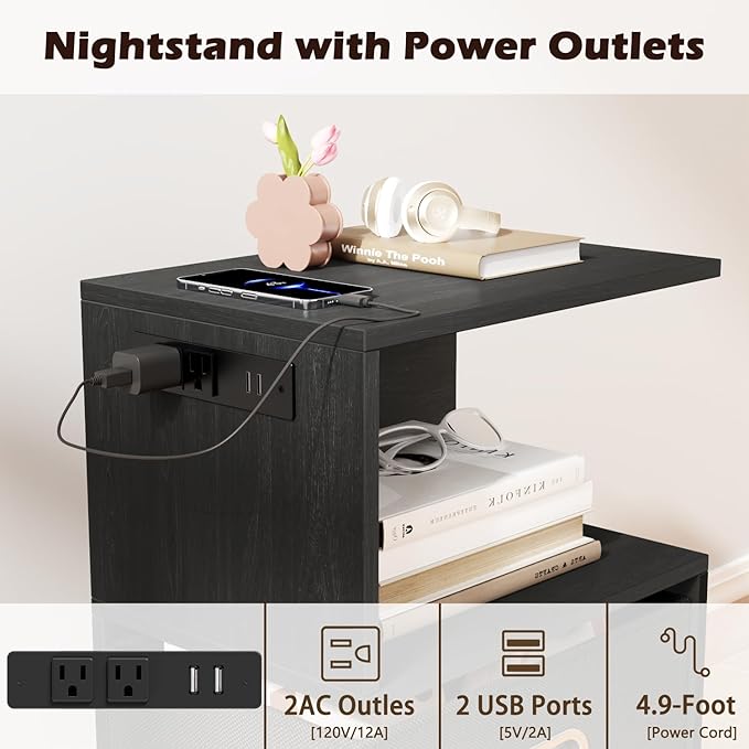 Furologee S Nightstand with Charging Station, 3 Tier Open End Table with Drawer, Wood Bedside Table with Storage for Living Room/Bedroom/Small Space, Black Oak