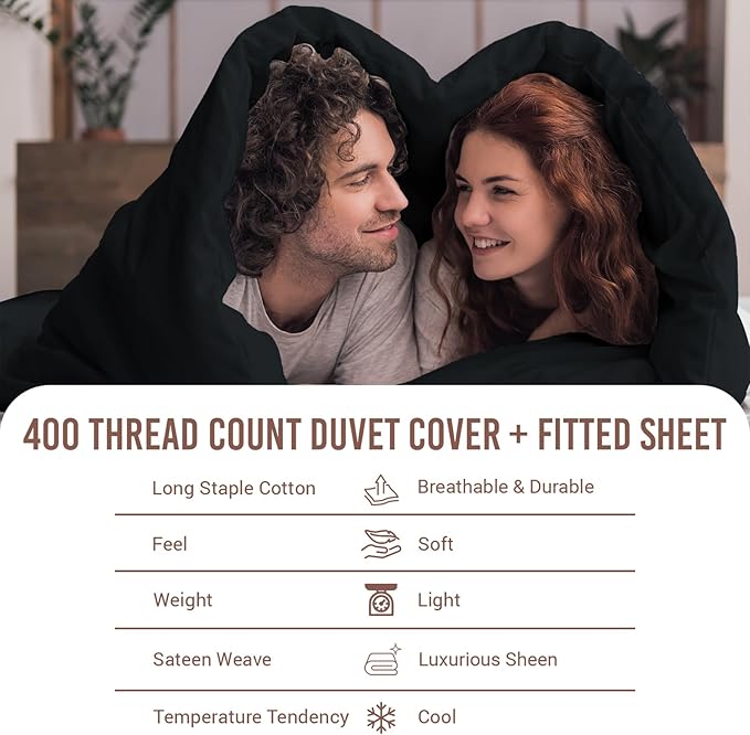 Pizuna 100% Cotton Queen 3 Pc Duvet Cover + 1 Pc Fitted Sheet Set 400 Thread Count Black Sateen Weave Luxurious Long Staple Cotton 4 Piece Bedding Set - 1 Duvet Cover, 2 Pillow Shams, 1 Fitted Sheet