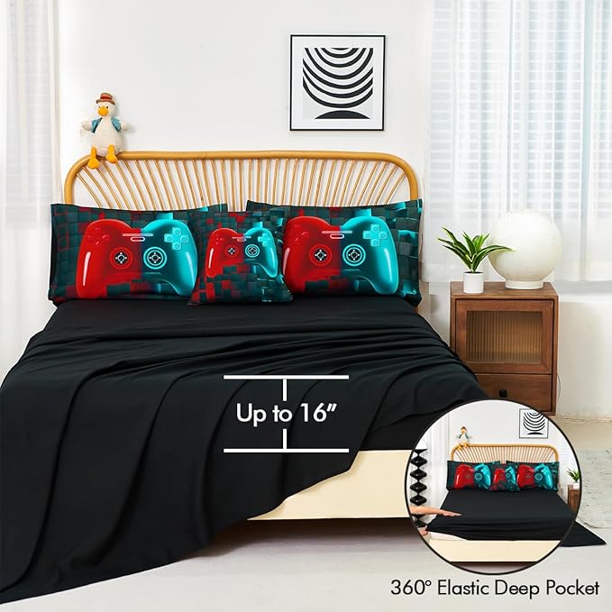 PERFEMET 6 Pcs Gaming Comforter Sets for Teen Boys Red and Teal Game Kids Bed in A Bag with Sheet Set 3D Cool Soft Lightweight Video Game Bed Set(Red Teal, Queen)
