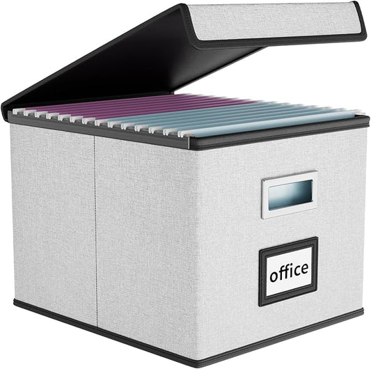 Huolewa File Organizer Box with Lid, Collapsible File Folder Organizer for Office Document Storage, Filing Box with Plastic Slide for Letter/Legal Size Hanging Files, Light Grey