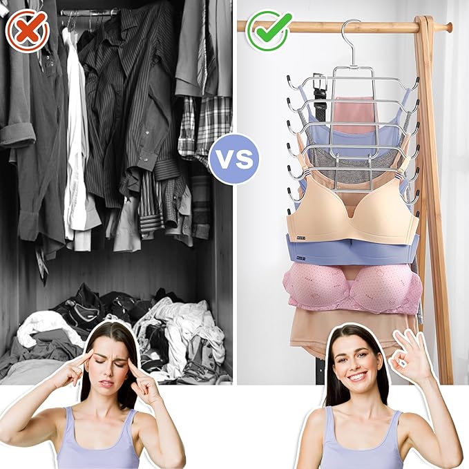 4Pcs Tank Top Hangers Space Saving Hanger Organizer Bra Hangers for Closet Organizer 360° Rotating Metal Closet Organizers and Storage Lingerie Hangers for Cami Bras Belts Swimsuits Lingeries Silver