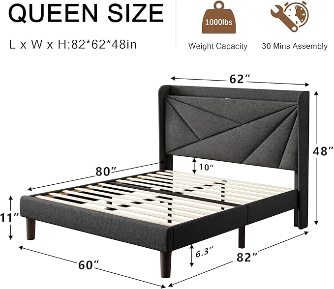Queen Size Upholstered Bed Frame with Charging Station, Platform Bed Frame with Storage Headboard, Solid Wood Slats Support, No Box Spring Needed, Dark Gray