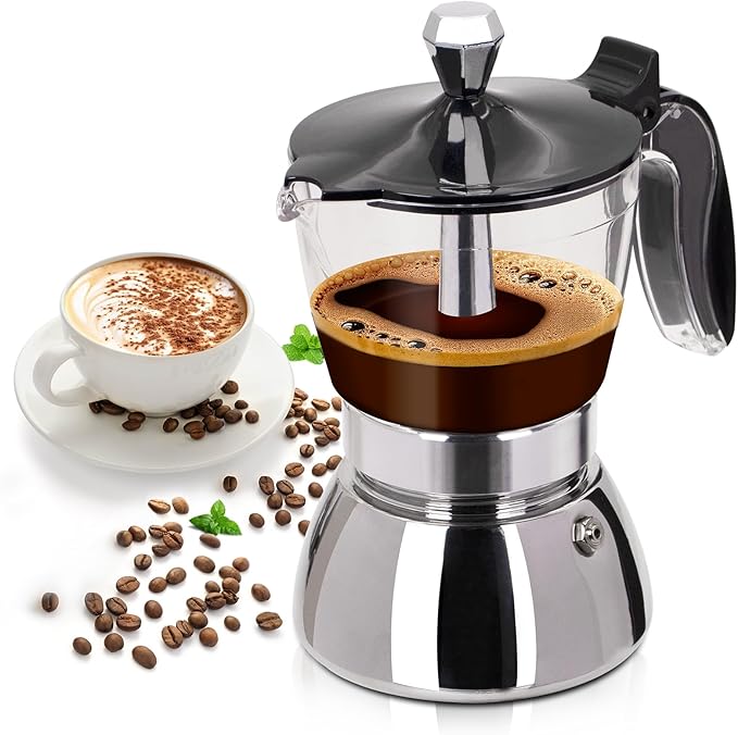 Clear Plastic Moka Pot 4 Cup 200ml Stainless Steel Coffee Maker Uncoated Stovetop Espresso Coffeemaker Italian Classic Style Brewing Greca Cafe Mocha Machine for Cafeteras Camping Travel Home Use