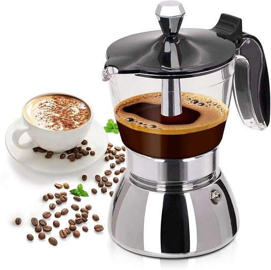 Clear Plastic Moka Pot 4 Cup 200ml Stainless Steel Coffee Maker Uncoated Stovetop Espresso Coffeemaker Italian Classic Style Brewing Greca Cafe Mocha Machine for Cafeteras Camping Travel Home Use