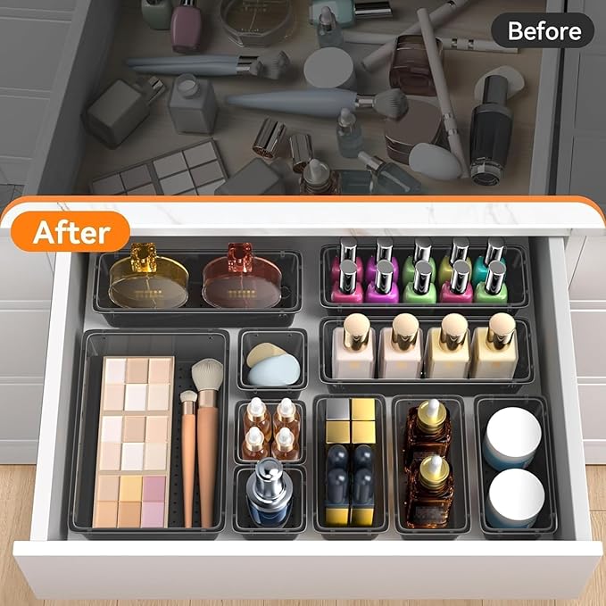 WOWBOX 24 PCS Clear Plastic Drawer Organizer Set, 4 Sizes Desk Drawer Organization and Storage Containers for Makeup, Cosmetics, Jewelry and Gadgets in Kitchen, Bathroom, Bedroom, Office, Clear Black