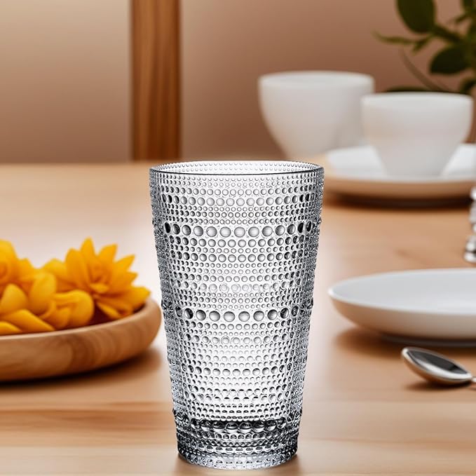 16oz Hobnail Highball Glasses[Set of 4] - Tall Water Glass Cup Glassware Set Fits New Home of Newlyweds, Dishwasher Safe, Stackable Design