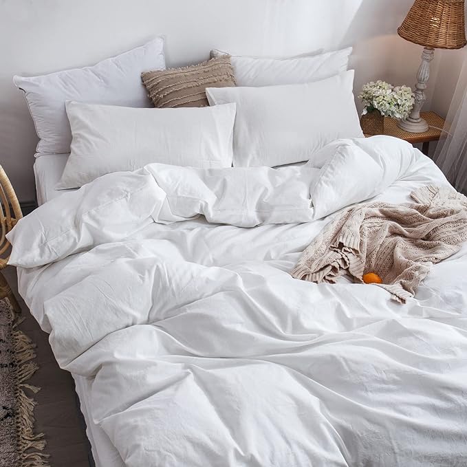 MooMee Bedding Duvet Cover Set 100% Washed Cotton Linen Like Textured Breathable Durable Soft Comfy (Solid Off White, Oversized King Plus 128"x120")