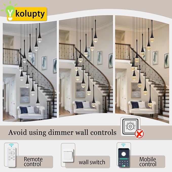 9-Lights Black Pendant Chandliers 100'' High Staircase Ceiling Chandeliers Crystal Bubble Raindrop Lighting Chandelier Ceiling Living Room Dimmable 2700-6000k LED Dining Lighting