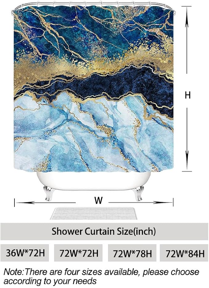 Marble Shower Curtain, Blue Marble Shower Curtain Set, Abstract Luxury Blue Golden Glitter Veins Texture Marble Shower Curtains for Bathroom, Waterproof Fabric, 72 x 78 inches