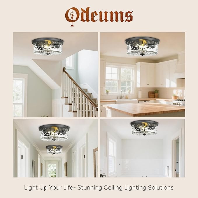 Modern Flush Mount Light, Farmhouse Close to Ceiling Lighting, Hammered Glass Light for Bedroom, Living Room, Kitchen Island (Black, 13" D)