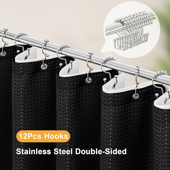 3 in 1 Long Shower Curtain Set-72 W x 78 H, Black Waffle and PEVA Liner Set with 12 Stainless Steel Hooks, Waterproof Fabric for Bathroom
