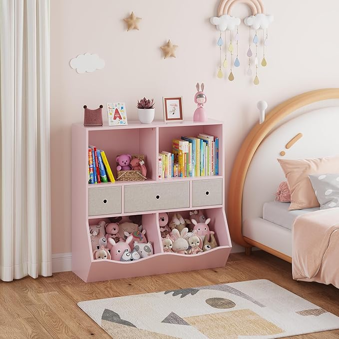 GAOMON 7-Cubby Large Kids Toy Storage Organizer, Children Wood Bookcase and Bookshelf, 3-Tier Toy Storage Cabinet with 3 Drawers for Hallway, Playroom, Living Room, School,Pink