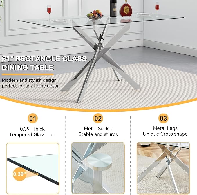 Goujxcy Glass Dining Table Set for 4, Modern Kitchen Table and Chairs Set of 4, 5-Piece Kitchen Dining Room Table Set w/51 Glass Metal Dining Table and 4 Grey Velvet Upholstered Chairs