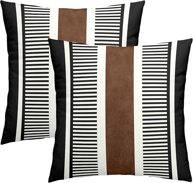 Kawani Boho Decorative Throw Pillow Covers 18x18 Inch Black White Brown Stripe Pillow Covers Set of 2 Farmhouse Rustic Decorative Pillows Modern Geometric Pillow Cases for Couch Decor