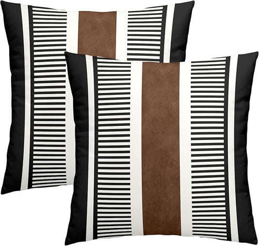 Kawani Boho Decorative Throw Pillow Covers 18x18 Inch Black White Brown Stripe Pillow Covers Set of 2 Farmhouse Rustic Decorative Pillows Modern Geometric Pillow Cases for Couch Decor