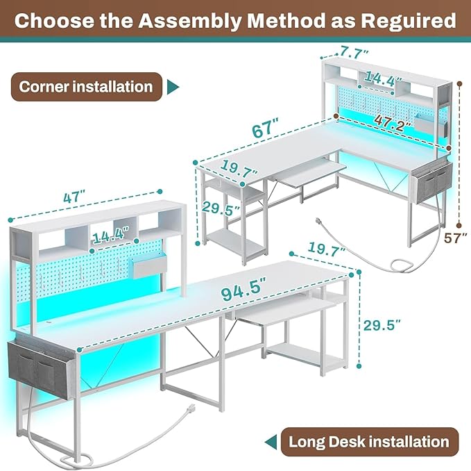 SEDETA White L Shaped Gaming Desk, Reversible Corner With Power Outlet and Pegboard, Hutch, Storage Shelf, Keyboard Tray, and LED Lights for Home Office