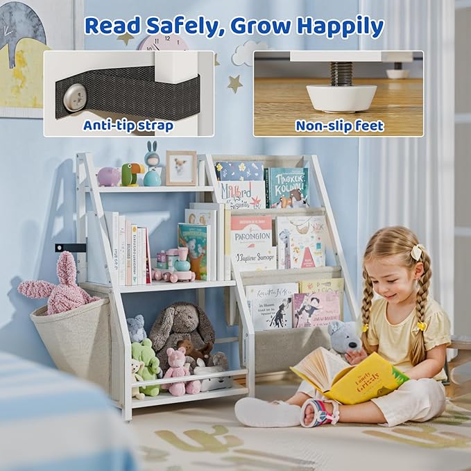 Kids Bookshelf and Toy Organizer, 3 Tier Bookshelf for Kids, Montessori Bookcase Book Shelf Rooms, Bedroom, Playroom, Nursery, Toy Storage Organizer with Bookshelf (White)