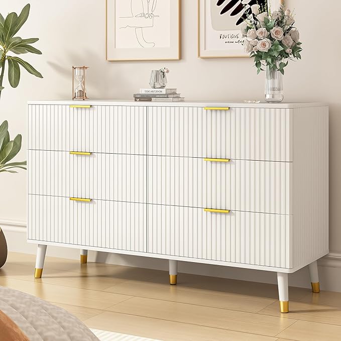 White Dresser for Bedroom, Fluted 6 Drawer Dresser with Gold Metal Handles, Modern Chest of Drawers for Living Room, Bedroom, White