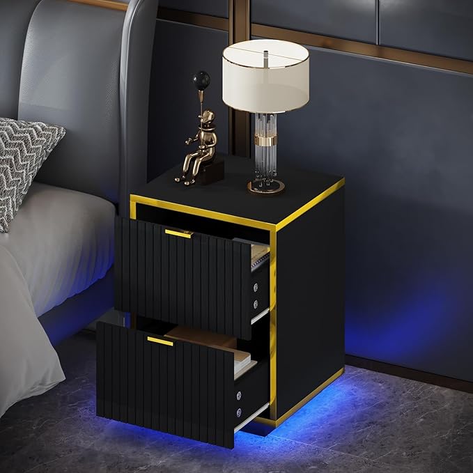 Black Nightstand Set of 2 with LED Lights, Bedside Table with 2 Fluted Drawers, Modern End Table with Golden Handles, 18 Inch Night Stand with Storage for Bedroom, Set of 2, Black and Gold