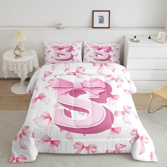 jejeloiu Kids Girls Cute Pink Bow Comforter Set King Size Monogrammed Bedding Set Ultra Soft Personalized Initial S Duvet Quilt Coquette Bow Knot Quilt Set Room Decor Modern Fashion Comforter