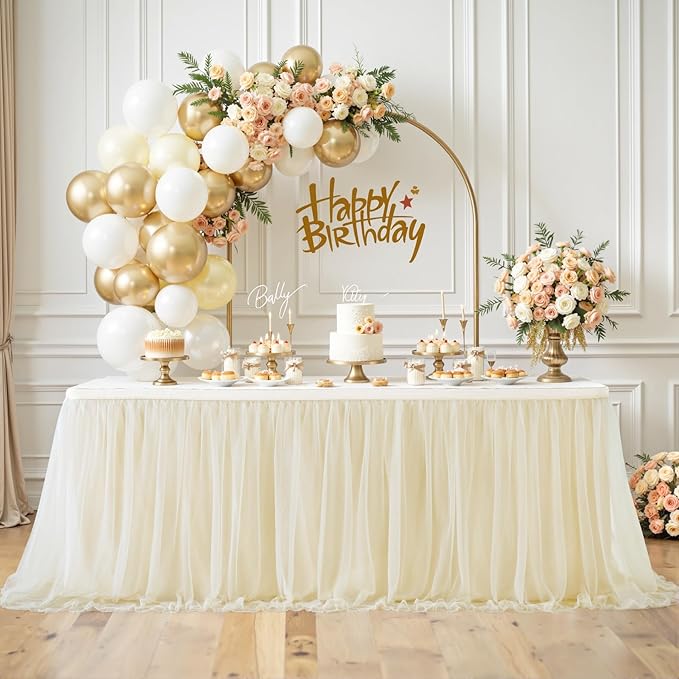 Suppromo 14ft Champagne Table Skirts for Rectangle Tables or Round Tables Champagne Tulle Tutu Table Cloths Cover for Birthday Party Wedding Baby Shower Dessert Cake Table Decorations