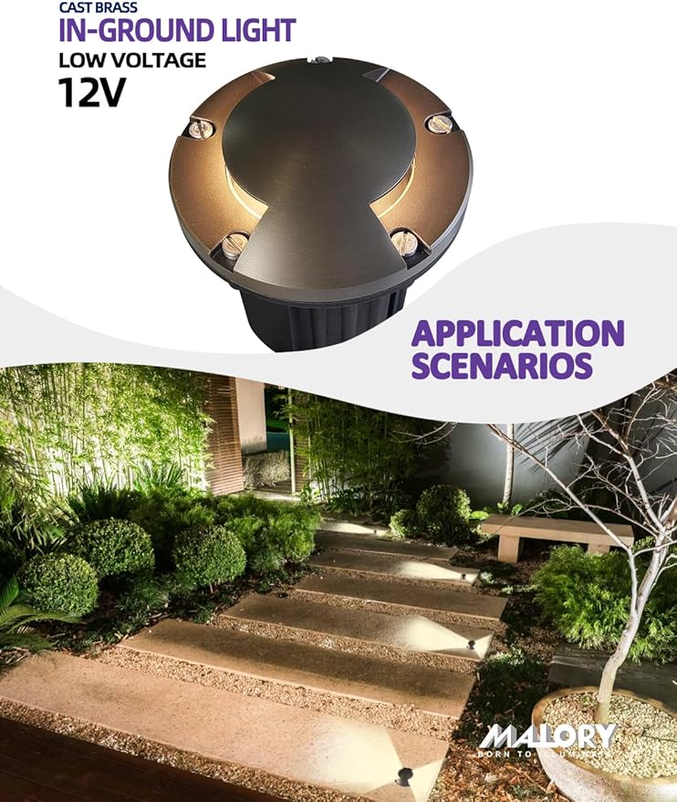 MALORY Brass Top Cover Landscape Well Lights,(5''H) 12V Low Voltage Outdoor In Ground Lights,Landscape Lighting for Pathway, Driveway and Garden (Two-Direction Turret, 4-Pack Without Bulb)