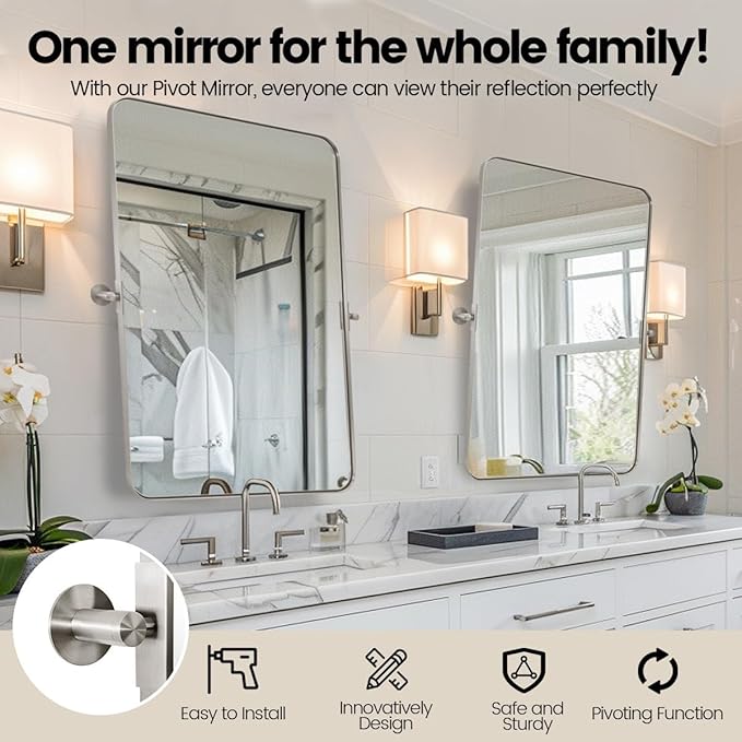 ANDY STAR 20"x30" Brushed Nickel Pivot Mirror for Bathroom, Silver Metal Frame Bathroom Mirrors for Wall，Rectangle Titling Vanity Wall Mirror with Rounded Corner Design Hangs Vertically Only