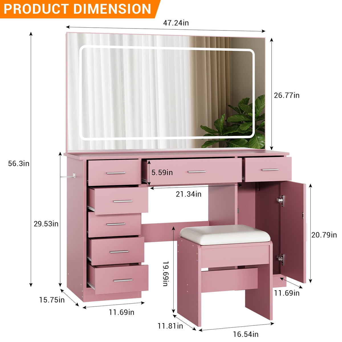 Garvee Modern Vanity Desk with Mirror & LED Lights – 7 Drawers, Pink