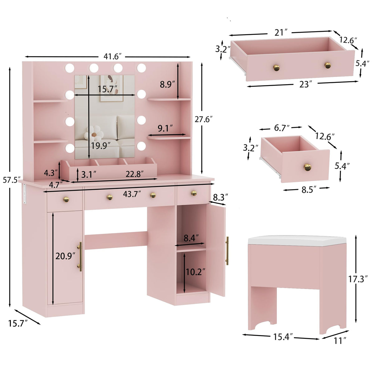 HUANLEGO Vanity Desk with Mirror and Lights,Pink Makeup Vanity with Charging Station & Vanity Stool, 3 Drawers and Cabinets White Vanity Mirror with RGB LED Lights Vanity Desk and Chair for Women