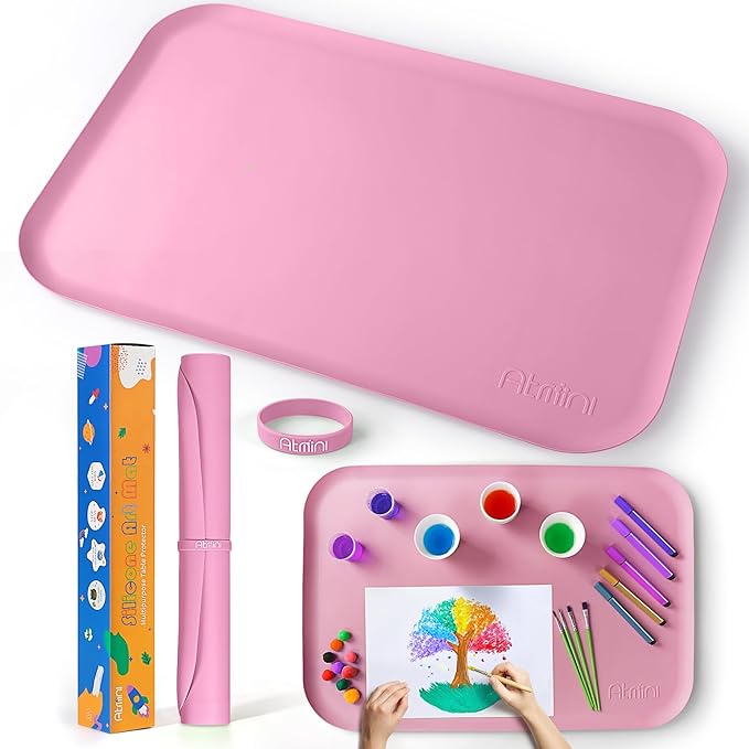 Silicone Craft Mats for Kids 24"x16"– with Raised Lip & Non-Slip | Reusable Silicone Art Mat for Play Sand, Painting, DIY Crafts | Durable Design (Pink)