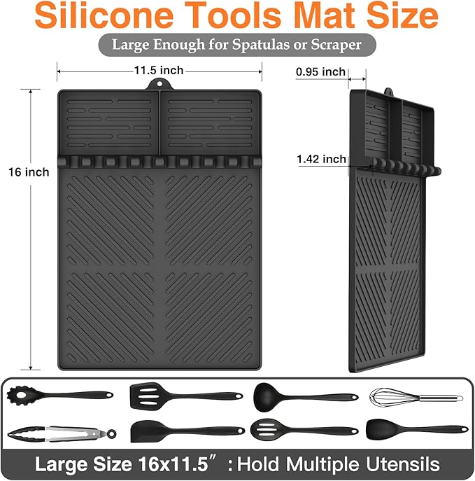 Silicone Griddle Tools Mat for Blackstone, Griddle Accessories Side Shelf Mat Grill Pad for Outdoor Grill Kitchen Counter Spatula Silicone Mat with Drip Pad (Black)