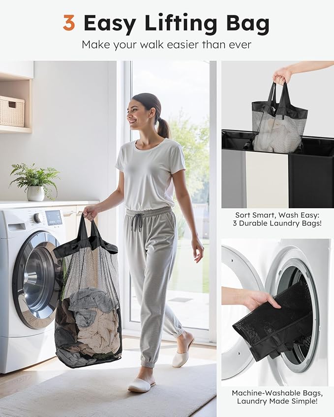 SOLEDI Laundry Hamper 3 Section with Lid and 3 Pcs Laundry Bag, Large Hamper 3 Compartment 180L, Basket Sorter for Bedroom Blanket Storage