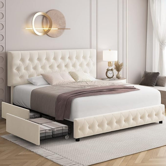 Keyluv Modern Upholstered Bed Frame with 4 Storage Drawers, Button Tufted Headboard Design, Solid Wooden Slat Support, Easy Assembly, Soft Velvet, Beige, King Size