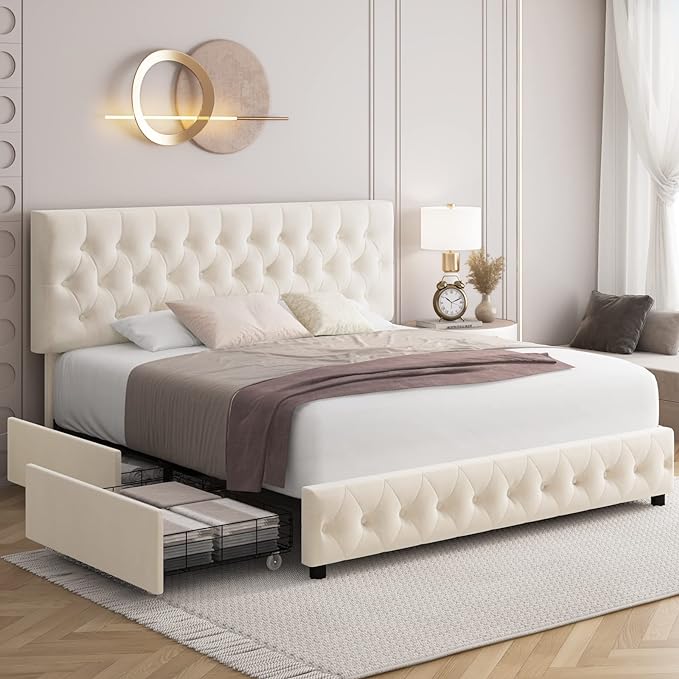 Keyluv Modern Upholstered Bed Frame with 4 Storage Drawers, Button Tufted Headboard Design, Solid Wooden Slat Support, Easy Assembly, Velvet, Beige, Full Size
