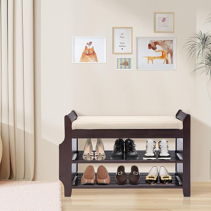 Bamboo Shoe Storage Bench, 3-Tier Shoe Rack with Padded Seat Cushion, Shoe Organizer Shelves for Entryway, Living Room, Bedroom, Hallway, White 31”