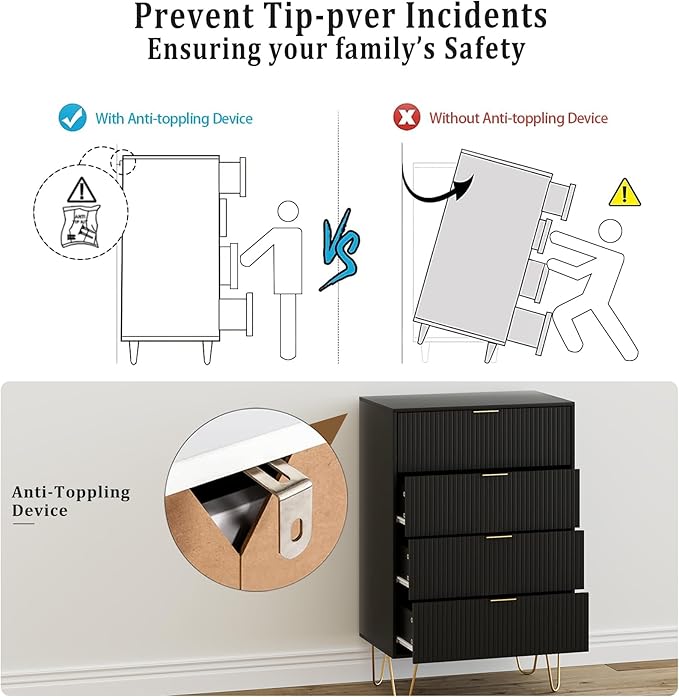 Masupu 4 Drawer Dresser, Drawer Chest, Tall Storage Chest Cabinet Organizer Unit with Metal Legs, Small Dresser for Bedroom, Living Room, Closet, Hallway Black Stripe