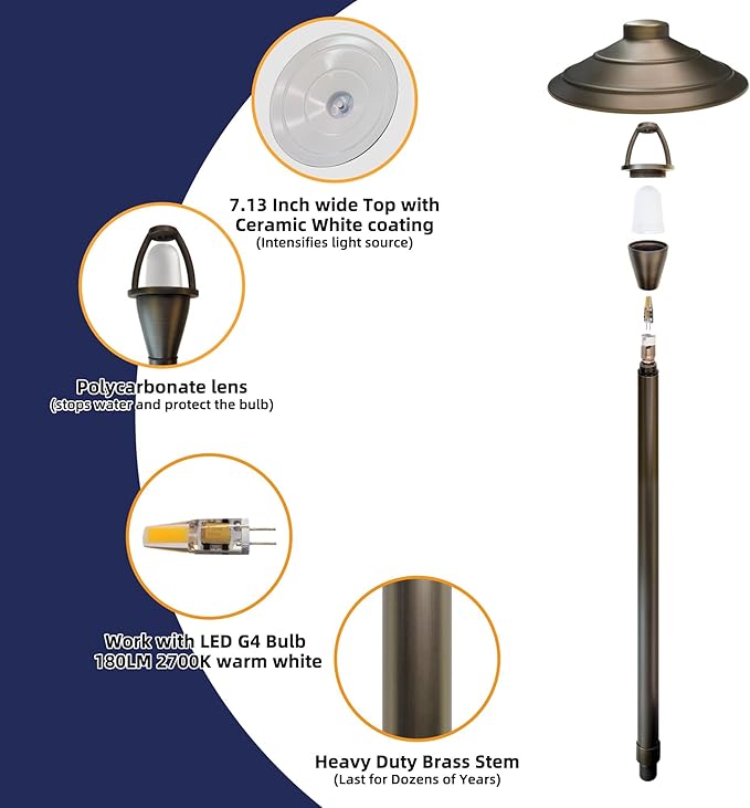 Solid Cast Brass Pathway Lights, 4 Pack 12V Low Voltage Landscape Lighting LED Path Lights with G4 Bulb for Outdoor Walkway, Garden, 23" Tall, 7.5" Shade