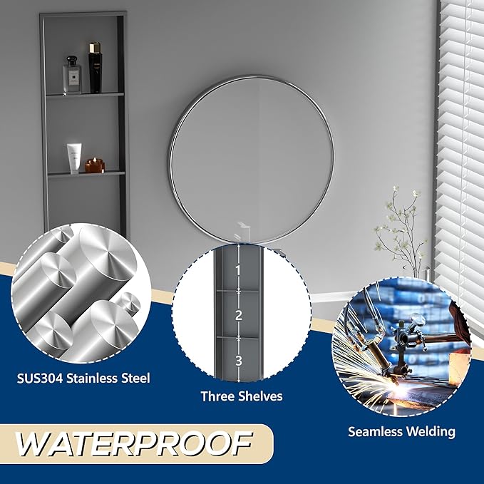 Stainless Steel Shower Niche 12" X 36", Three-Tier Shelf for Bathroom Storage, No Tile Needed Recessed Wall Niche, Gun Metal