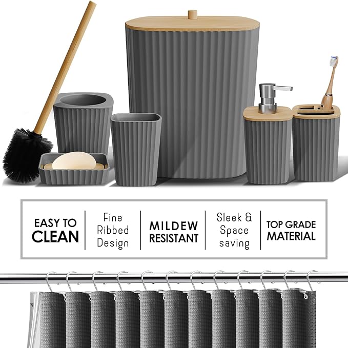 Bathroom Accessories Set with Shower Caddy and Bath Rugs, 27PC Bathroom Accessory Set with Shower Caddies Grey Bath Rugs, Shower Curtain Set, Toilet Brush, Trash Can, Soap Dispenser, Toothbrush holder
