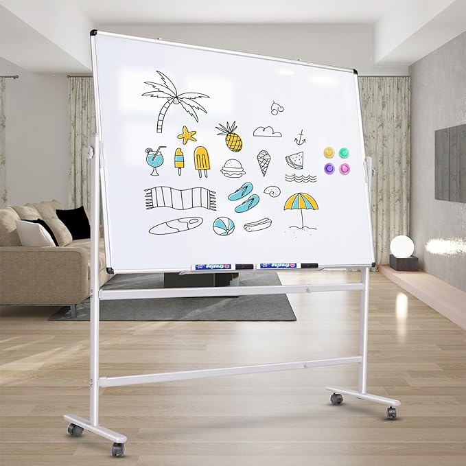 Rolling White Board 36x24 in, Dry Erase Board with Stand, Double-Sided Magnetic Mobile Whiteboard, Height-Adjustable for Office Classroom and Home