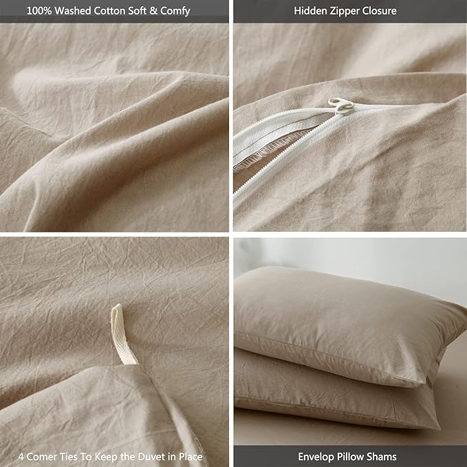 MooMee Bedding Duvet Cover Set 100% Washed Cotton Linen Like Textured Breathable Durable Soft Comfy (Heathered Taupe, Palatial King/Oversized King 120"x98")