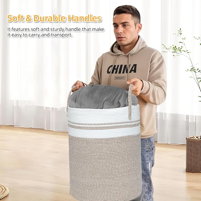 58L Large Laundry Basket, Laundry Hamper with Handles, Clothes Storage Basket, Tall Woven Rope Storage Basket for Dirty Clothes, Blankets, Pillows in Bathroom, Bedroom (Brown, 15 x 20in)