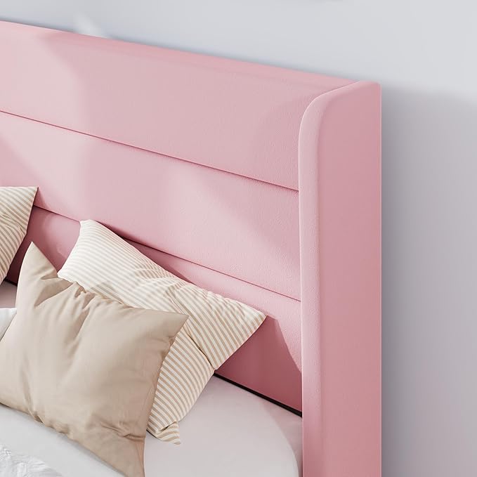 SHA CERLIN Queen Size Velvet Bed Frame/Vertical Channel Tufted Wingback Headboard/Upholstered Platform Bed with Wooden Slats/Mattress Foundation/No Box Spring Needed/Easy Assembly/Pink