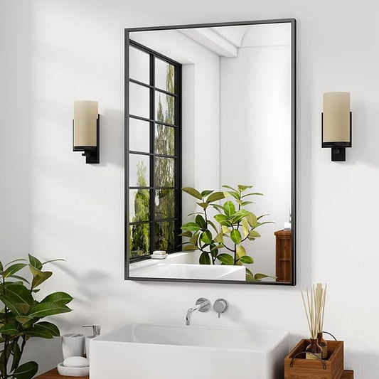 HARRITPURE 28"x20" Framed Bathroom Mirror for Wall Rectangle Mirror Aluminum Alloy Frame Wall-Mounted for Farmhouse Entryway Bedroom Living Room Black