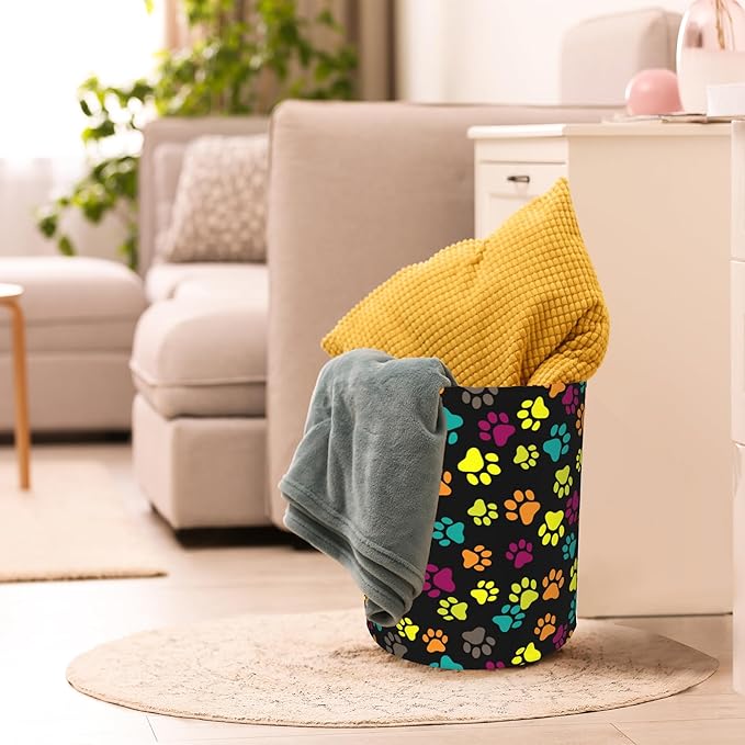 Dog Paw Laundry Basket,Colorful Paws Foldable Laundry Hamper,Dirty Clothes Laundry Basket, Linen Bin Storage Organizer for Toy Collection 16" x 20"