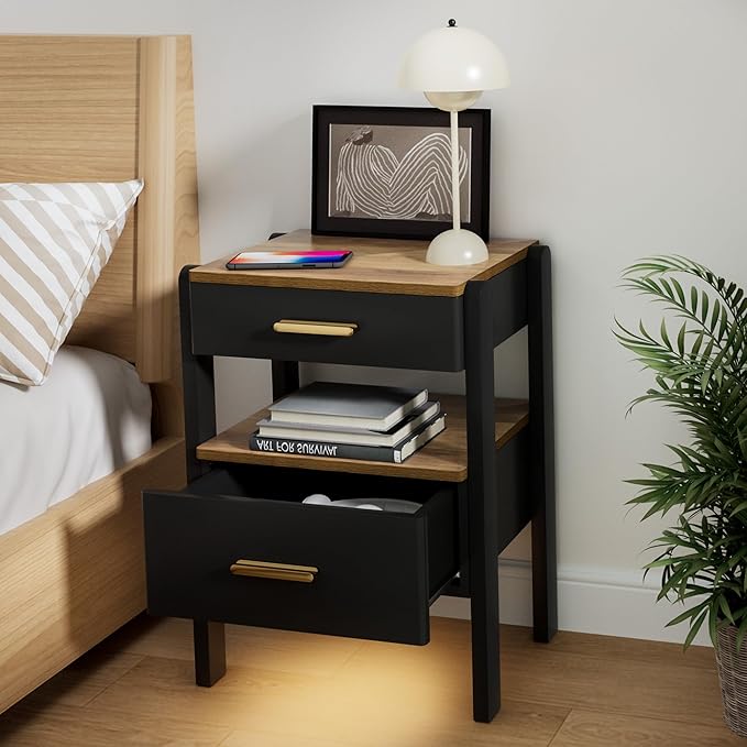 Nightstand with 2 Drawers and Open Shelf Wood Bedside Table Gold Handles Storage Night Stand with Light for Bedroom, Black and Brown