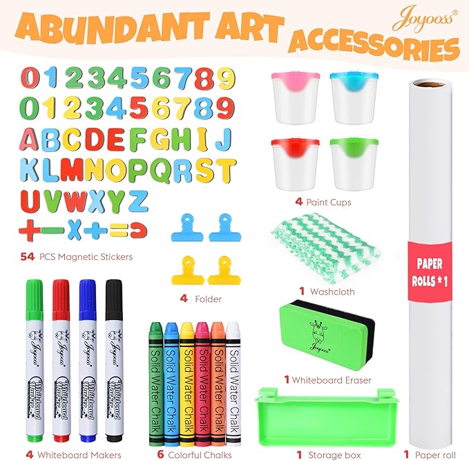 JOYOOSS Kids Wooden Easel with Paper Roll - Adjustable Magnetic Double Sided Drawing Board Whiteboard & Chalkboard Dry Easel Board,Children Art Easel for 3~12 Years Kids Boys Girls Painting Drawing