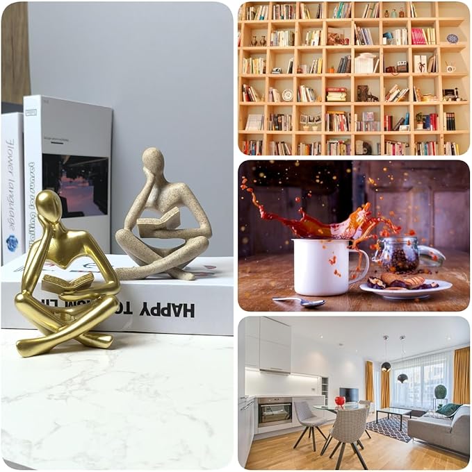Gold Thinker Statue - Abstract Reading Sculpture 4.5“, Art Modern Decor for Living Room Coffee Tables, Bookshelves & Office Desks | Elegant Accent for Home & Library Spaces (Gold)